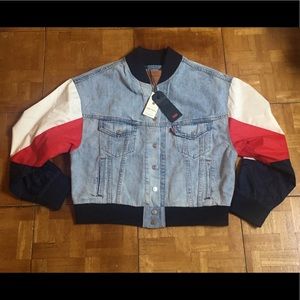 Levi's Denim Bomber Jacket  Red Blue Nylon Sleeves